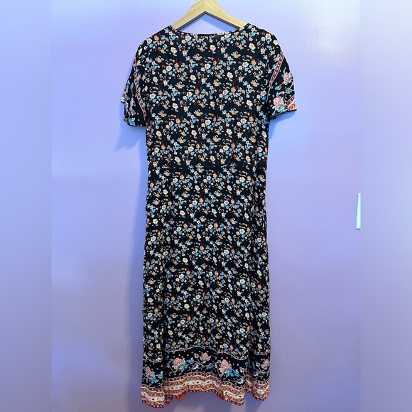 Floral V-Neck Tie Waist Maxi Short Sleeve Button Down Maxi Dress XL - Picture 3 of 9